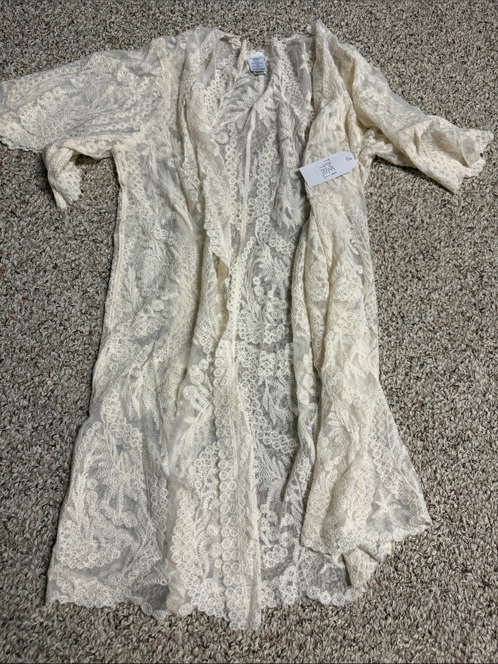 Lace Kimono Robe by Time and True- Cream Women’s lace duster, short sleeves.